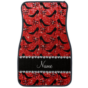 Custom name neon red glitter black high heels bow car mat