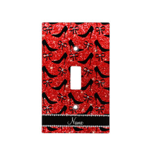 Custom name neon red glitter black high heels bow light switch cover