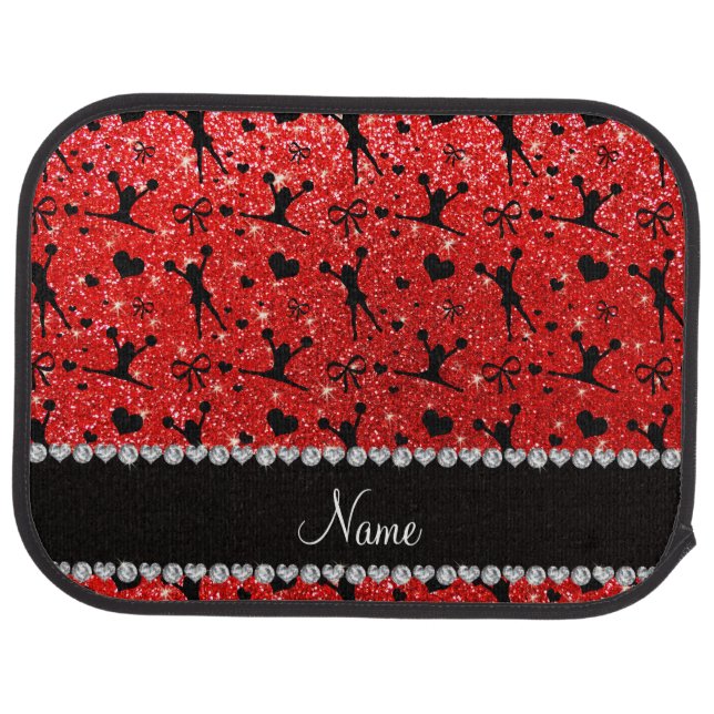 Custom name neon red glitter cheerleading car mat (Rear)