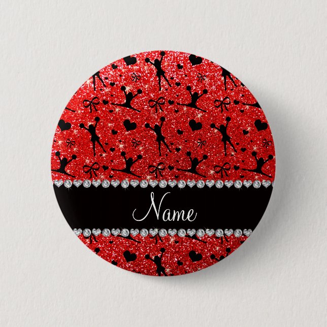 Custom name neon red glitter cheerleading pinback button (Front)