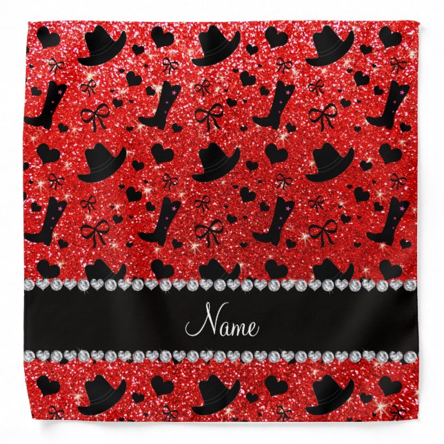 Custom name neon red glitter cowboy boots hats bandana (Front)