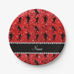 Custom name neon red glitter lacrosse players paper plates