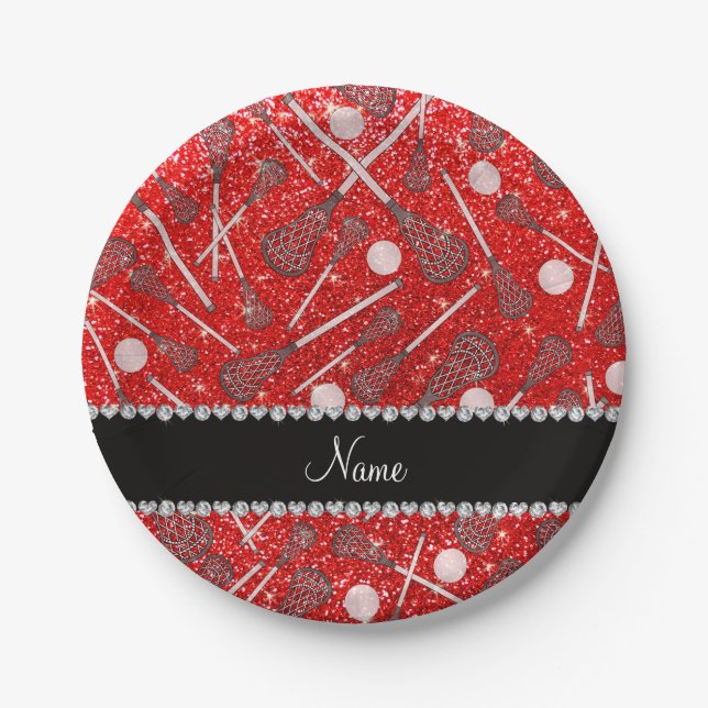 Custom name neon red glitter lacrosse sticks paper plates (Front)