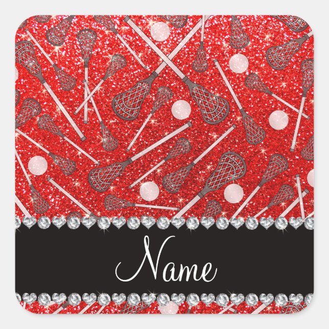 Custom name neon red glitter lacrosse sticks square sticker (Front)