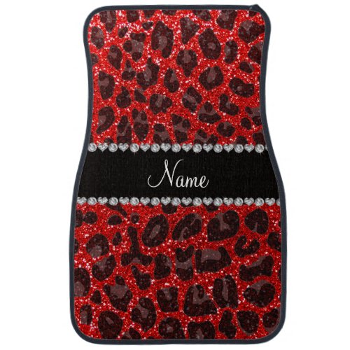 Custom name neon red glitter leopard print car floor mat
