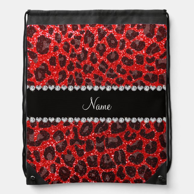 Custom name neon red glitter leopard print drawstring bag (Front)