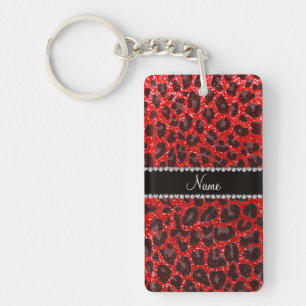 Custom name neon red glitter leopard print keychain