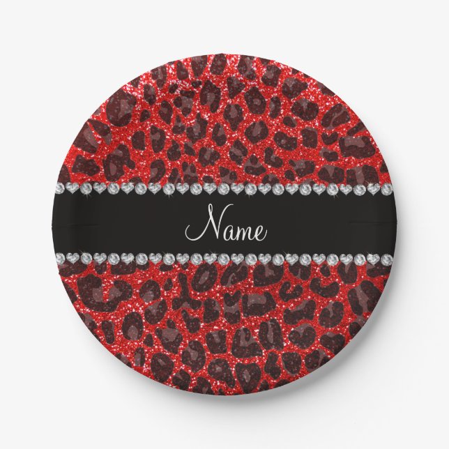 Custom name neon red glitter leopard print paper plates (Front)