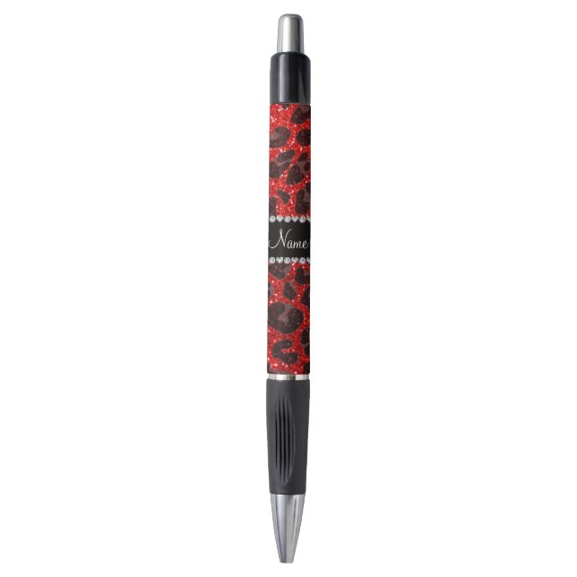 Custom name neon red glitter leopard print pen (Front Vertical)