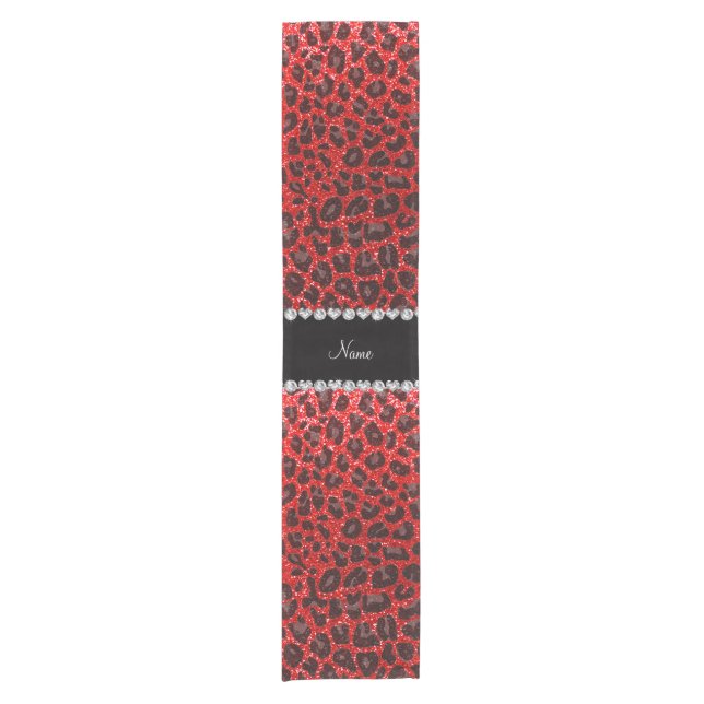 Custom name neon red glitter leopard print short table runner (Front)