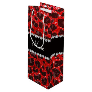 Custom name neon red glitter leopard print wine gift bag