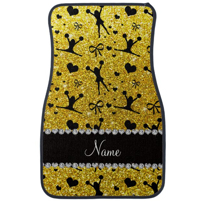 Custom name neon yellow glitter cheerleading car mat (Front)