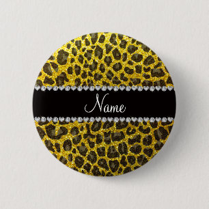 Custom name neon yellow glitter leopard print button