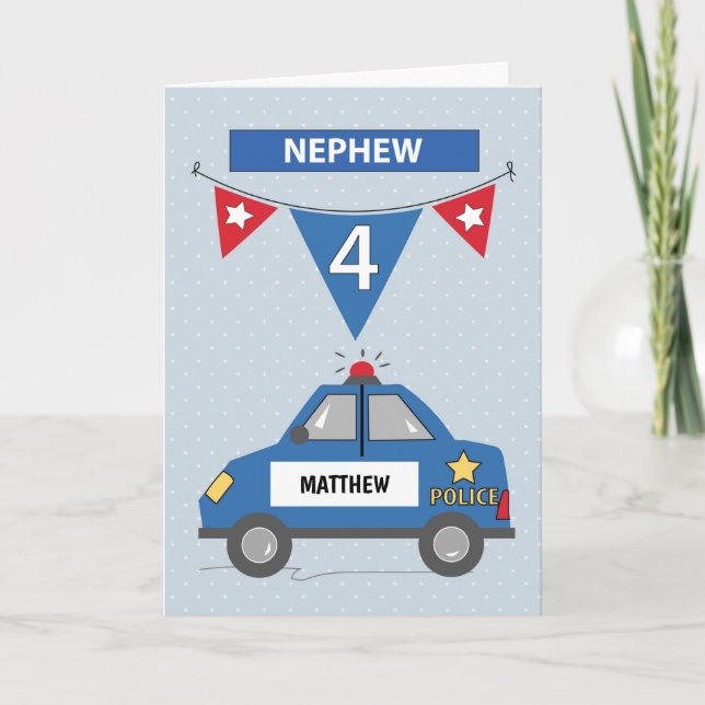 Custom Name Nephew 4th Birthday Blue Police Car Card (Front)