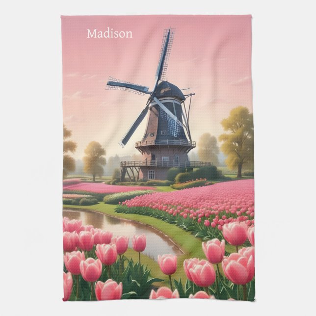 Custom Name Netherlands Windmills Kitchen Towel (Vertical)