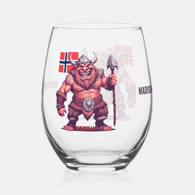 Custom Name Norwegian Troll Stemless Wine Glass (Front)