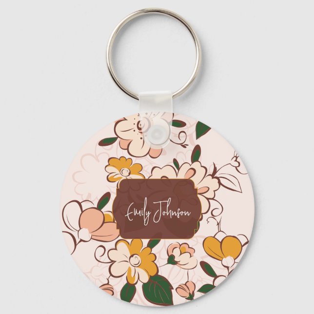 Custom Name Nostalgic Flower Garden Beige Pink Keychain (Front)