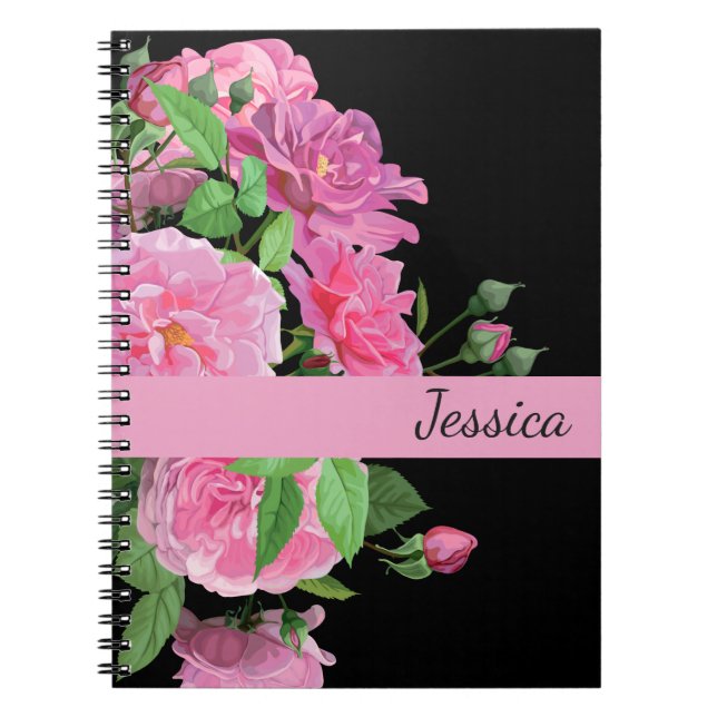 Custom Name Notebook-Pink Roses Notebook (Front)