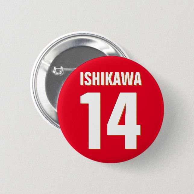 Custom Name, Number, Colors. Sports Fans Red Button (Front & Back)