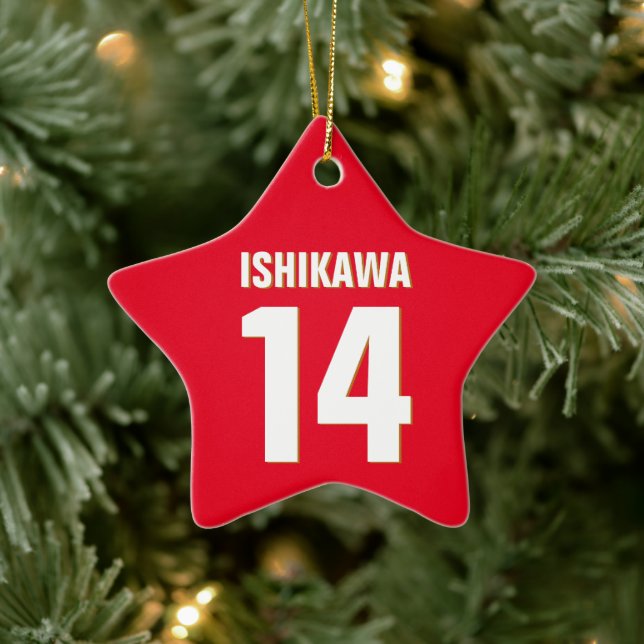 Custom Name, Number, Colors. Sports Fans Red Ceramic Ornament (Tree)