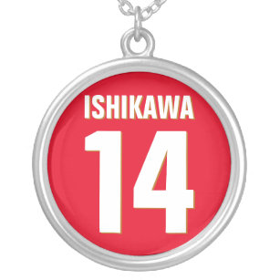Custom Name, Number, Colors. Sports Fans Red Silver Plated Necklace