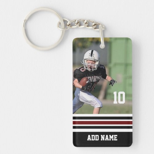 Custom Name Number Photo Football Jersey Red Black Keychain