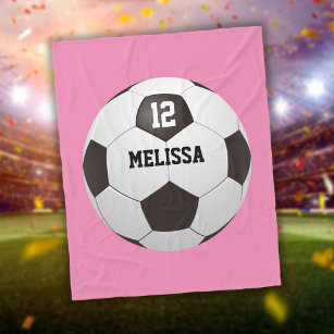 Custom Name Number Soccer Ball Pink Fleece Blanket