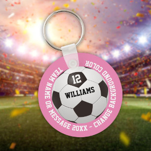 Custom Name Number Team Name Soccer Ball Pink Keychain