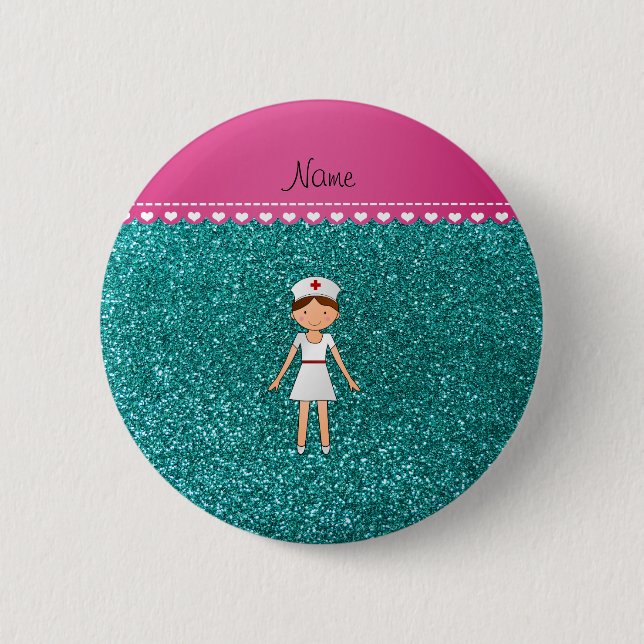 Custom name nurse pastel robin egg blue glitter button (Front)