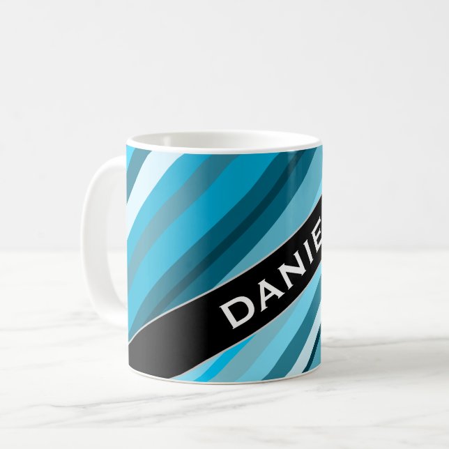 Custom Name; Ocean-Inspired Blue/Teal/Aqua Stripes Coffee Mug (Front Left)