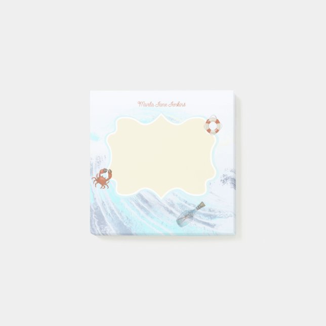Custom Name Ocean Theme Crab Life Preserver Bottle Post-it Notes (Front)