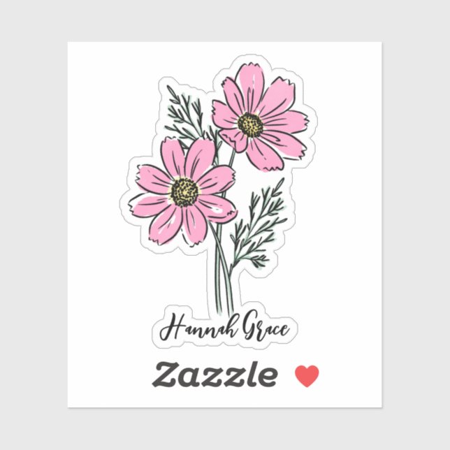 Custom Name October Birth Flower Hot Pink Cosmos Sticker (Sheet)