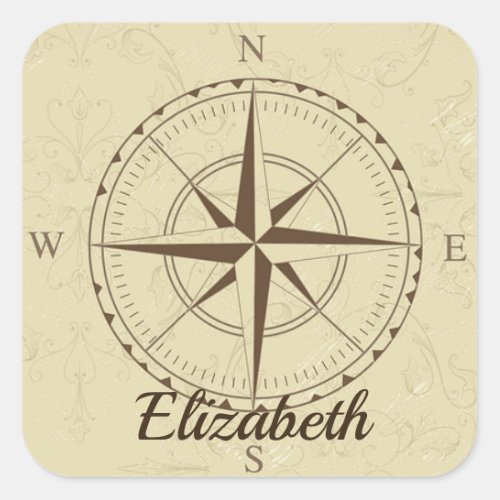 Custom Name Old Nautical Compass Map Brown Sticker