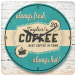 Custom NAME Old Retro 50's Coffee Shop Diner Clock<br><div class="desc">Custom NAME Old Distressed Coffee Faux Stained Retro 50's Coffee Shop Diner Distressed Cafe Clock - Customize with your Name or Custom Text! Perfect for that retro kitchen style. Best Coffee in Town!</div>