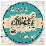 Custom NAME Old Retro 50's Coffee Shop Diner Large Clock<br><div class="desc">Custom NAME Old Distressed Coffee Faux Stained Retro 50's Coffee Shop Diner Distressed Cafe Clock - Customize with your Name or Custom Text! Perfect for that retro kitchen style. Best Coffee in Town!</div>