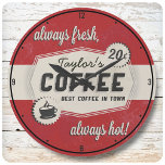 Custom NAME Old Retro 50's Coffee Shop Diner Large Clock<br><div class="desc">Custom NAME Old Distressed Coffee Faux Stained Retro 50's Coffee Shop Diner Distressed Cafe Clock - Customize with your Name or Custom Text! Perfect for that retro kitchen style. Best Coffee in Town!</div>