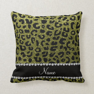Custom name olive green glitter cheetah print throw pillow