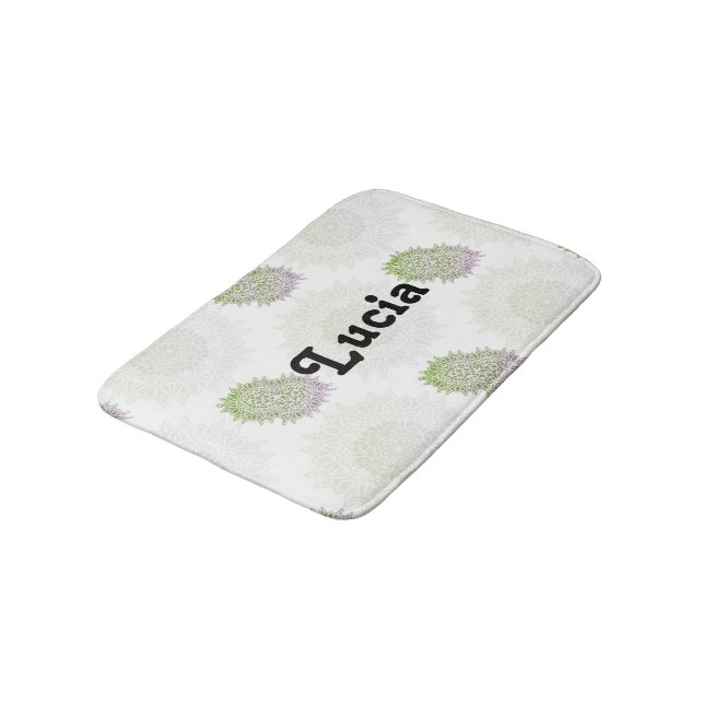 Custom name ombre mandala on white bath mat (Angled)