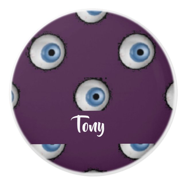 Custom name on big eyes on purple ceramic knob (Front)