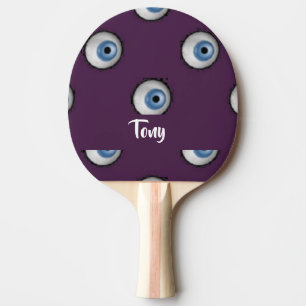 Custom name on big eyes on purple ping pong paddle