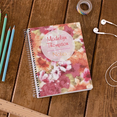 Custom Name On Colorful Flower Pattern Watercolor Notebook