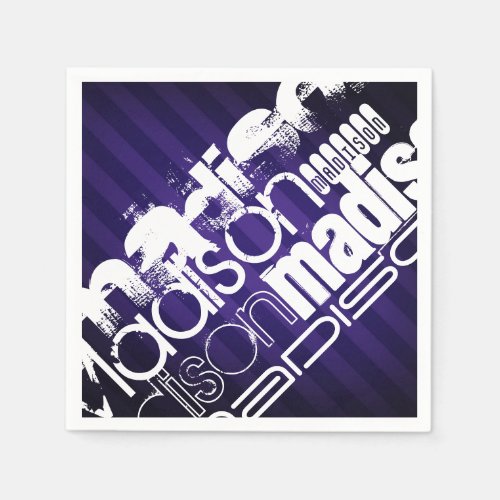 Custom Name on Deep Violet Purple Stripes Paper Napkins