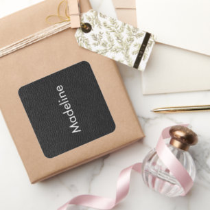 Custom Name on Elegant Black Leather Texture Square Sticker
