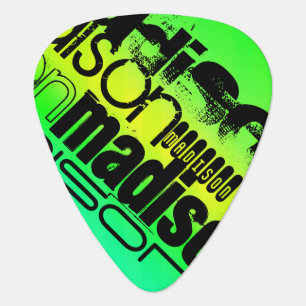 Custom Name on Neon Aqua Green and Yellow Guitar Pick