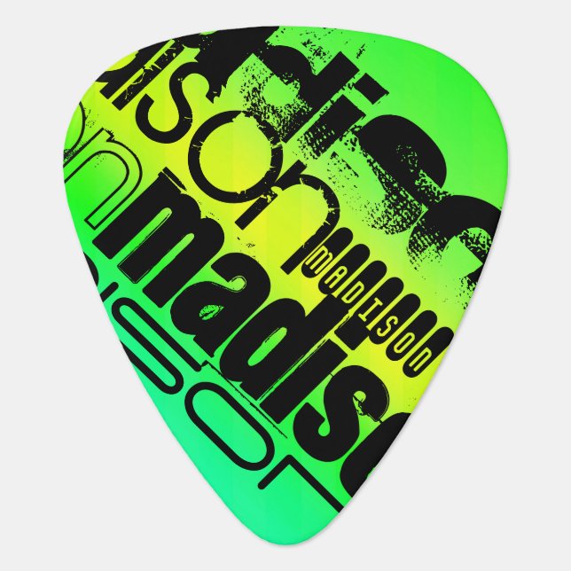 Custom Name on Neon Aqua Green and Yellow Guitar Pick (Front)
