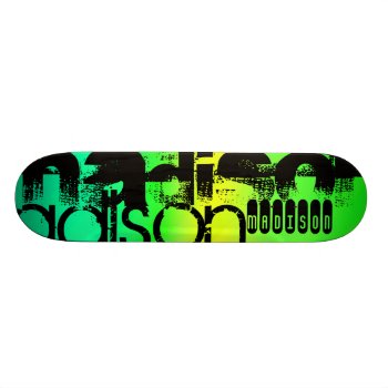 Custom Name On Neon Aqua Green And Yellow Skateboard by ColorStock at Zazzle
