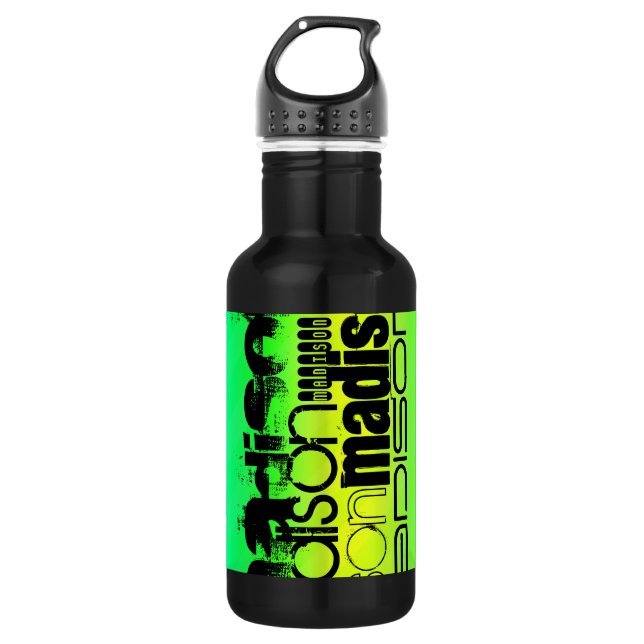 Custom Name on Neon Aqua Green and Yellow Water Bottle (Front)