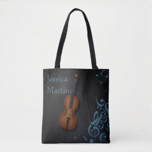 Custom Name or Message Cello on Black & Turquoise Tote Bag