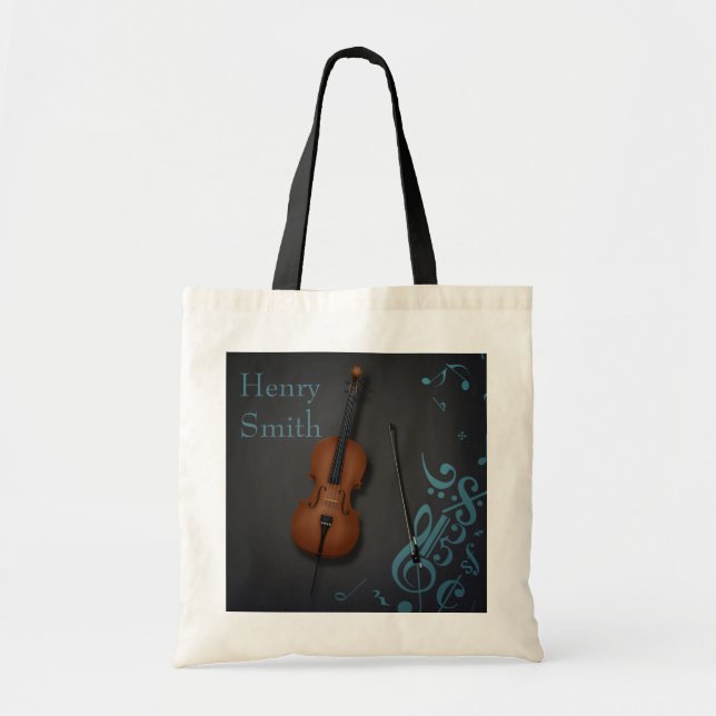 Custom Name or Message Cello on Black & Turquoise Tote Bag (Front)