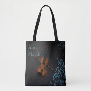 Custom Name or Message Violin on Black & Turquoise Tote Bag